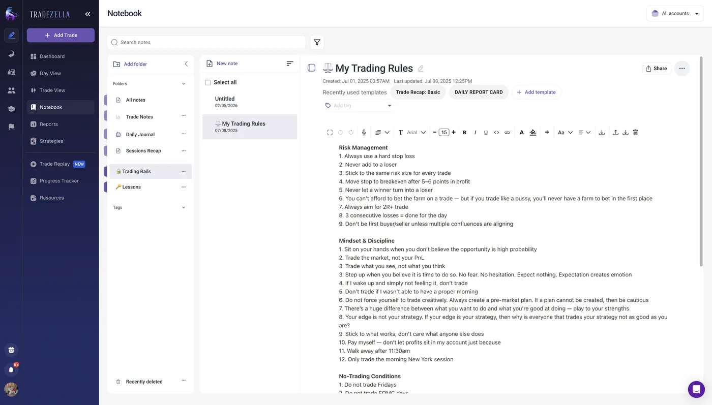 TradeZella Notebook showing a trading rules document with risk management and mindset sections